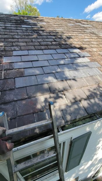 Partially repaired shingle roof above a house with a ladder leaning against the eaves