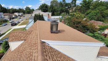 Aerial view of a suburban house roof with a chimney, trees, and neighboring homes on a quiet street